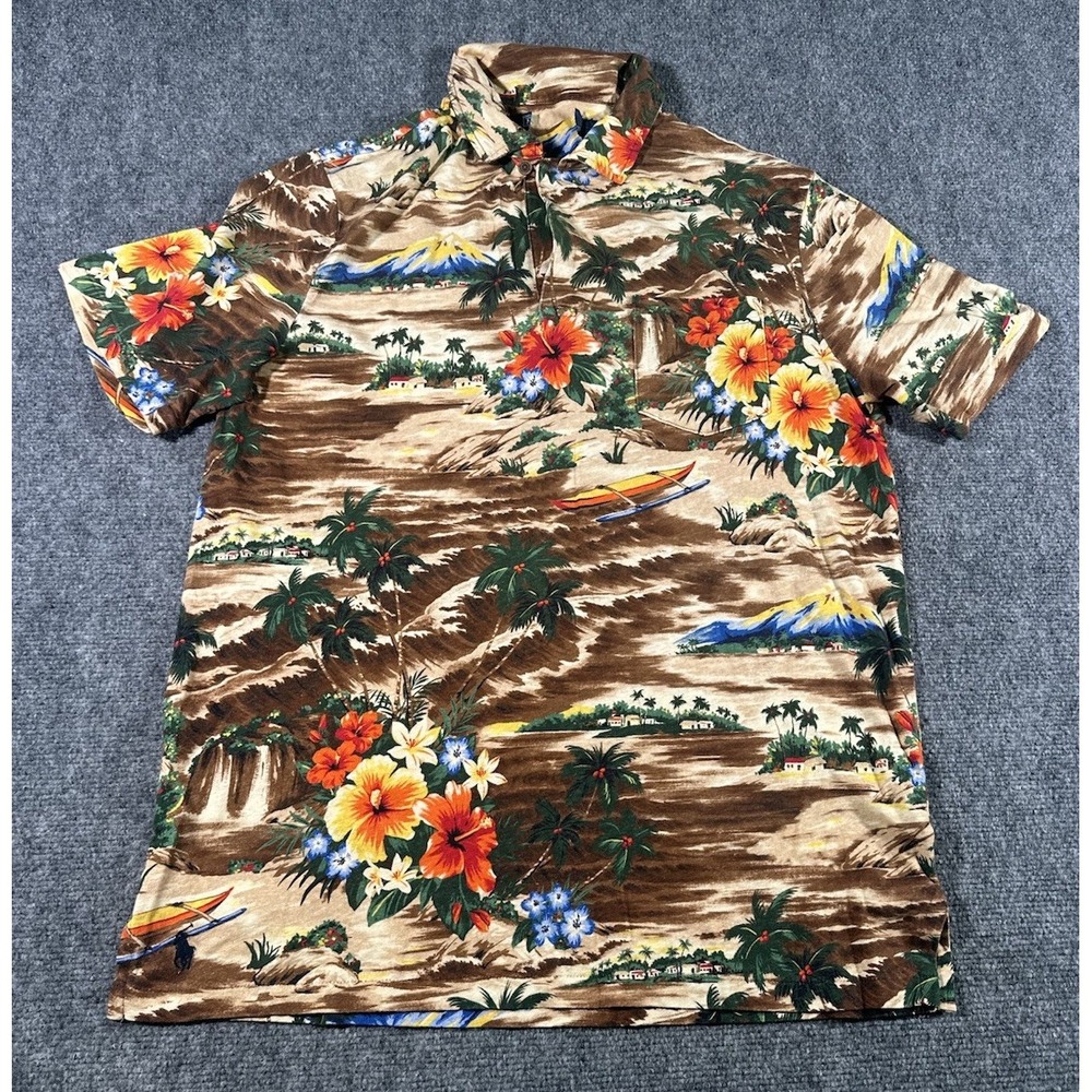 Polo Ralph Lauren Brown TROPICAL PRINT Cotton Linen Blend Collared Polo Shirt S